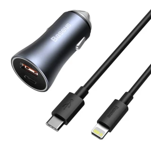 Автомобильное зарядное устройство baseus usb/type-c dual quick charger 40w (с кабелем baseus type-c to lightning 1м), серое