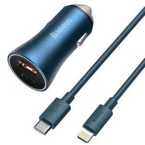 Автомобильное зарядное устройство baseus usb/type-c dual quick charger 40w (с кабелем baseus type-c to lightning 1м), синий