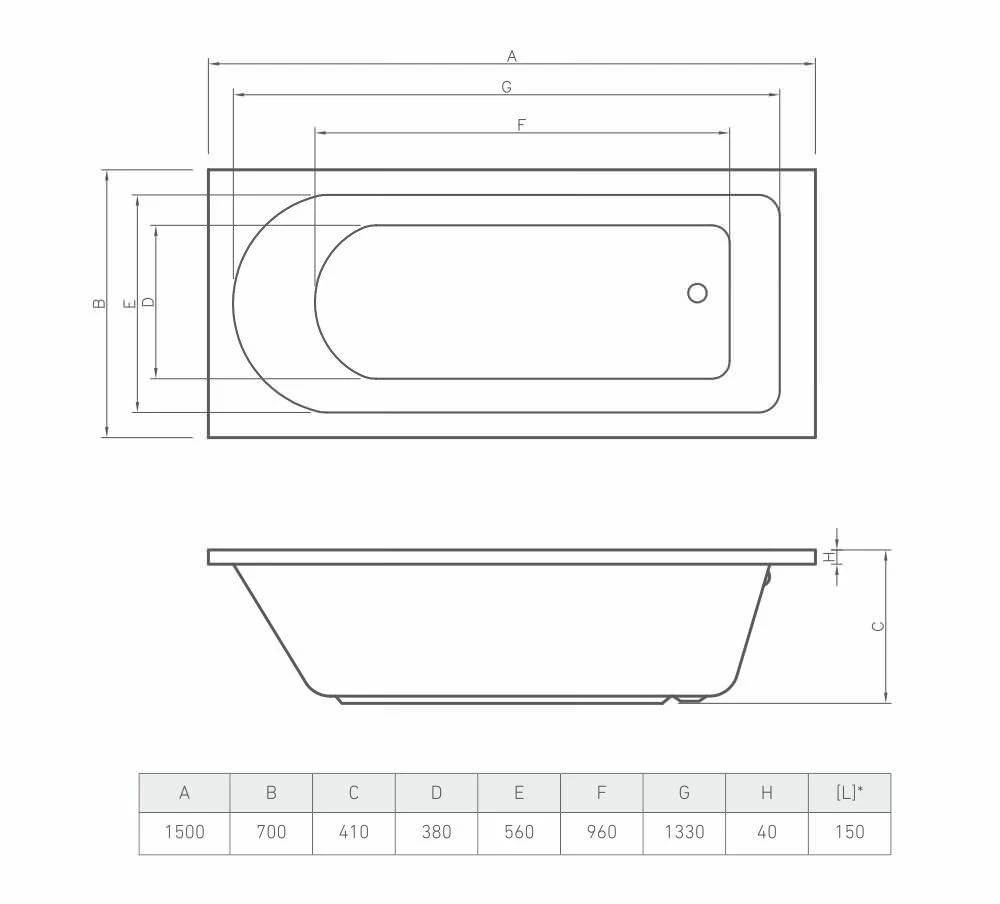 Ванна прямоугольная bonito home elara 1500x700 акрил 2