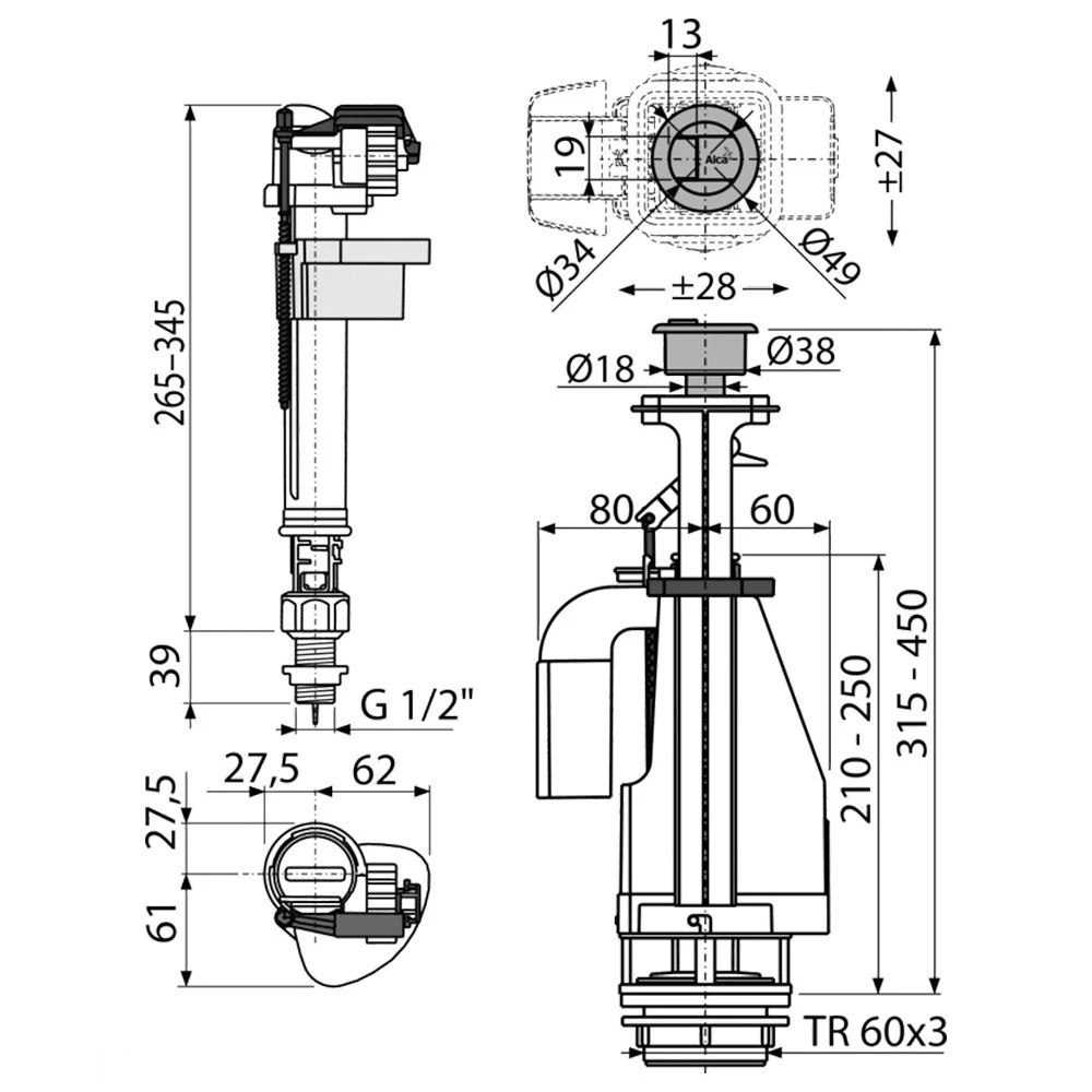 Набор внутренностей alcaplast sa08as 1/2" 3/6 л нижняя подводка 2