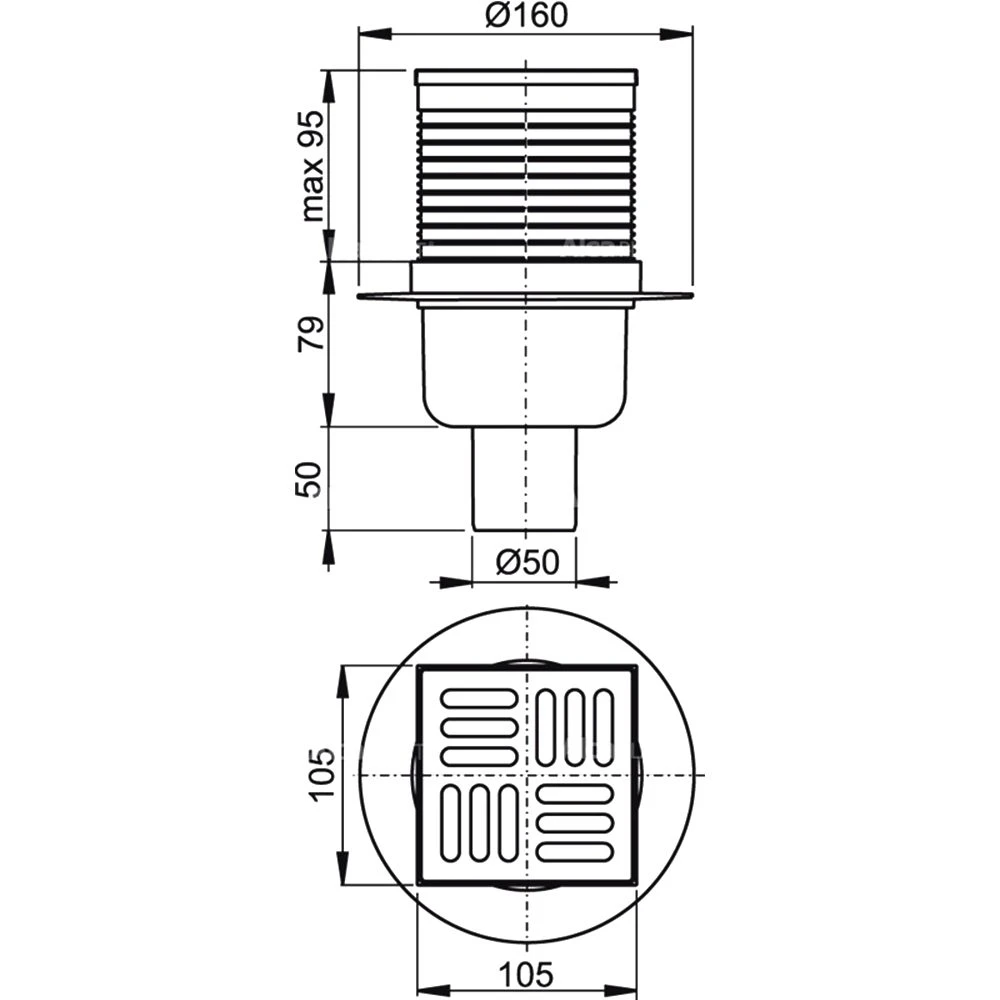 Sifon pardoseală alca apv32 105x105 /50mm direct inox 2