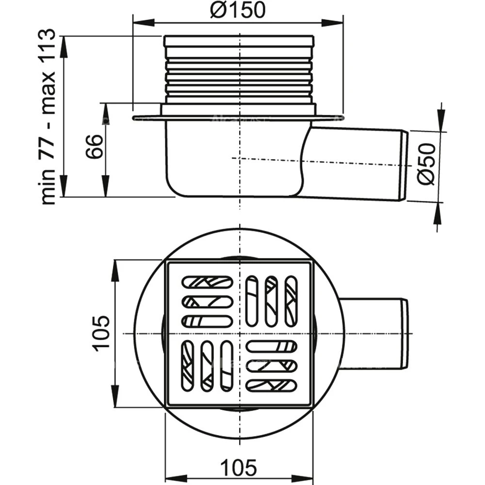 Сливной трап alcaplast apv26 105x105 /50мм боковой нержавеющая сталь 2