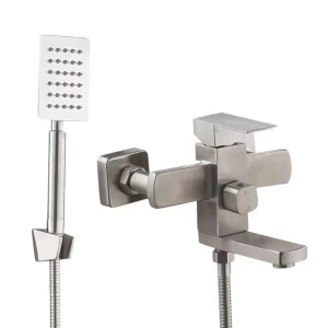 Смеситель для ванны с душевым гарнитуром настенный mat|eco inox cubo никель браш