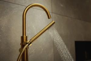 Baterie baie cu garnitură duș pe podea armatura moza aur mat Thumbnail 6
