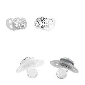 Set de 2 suzete din silicon în formă ortodontică, gri și albă, 0-6 luni