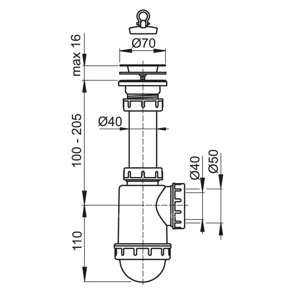 Sifon pentru chiuvetă alca a441-dn50/40 70" 40 2