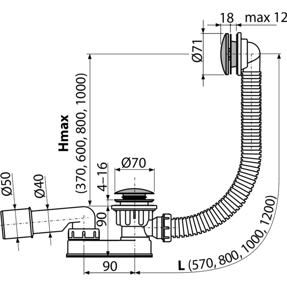 Sifon pentru cadă alca a507ckm-80 70" 50 click-clack 2