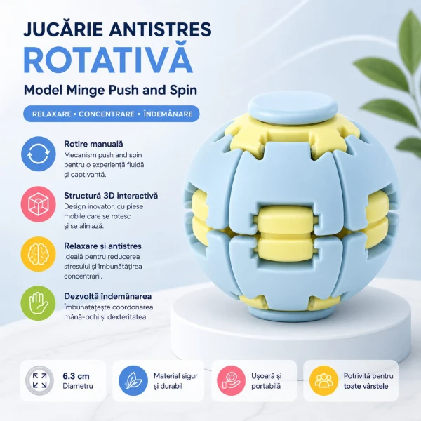 Jucărie antistres flippy push and spin, minge 3d rotativă, albastru deschis, 6,3 cm 4