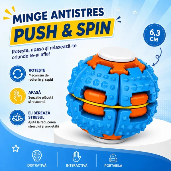 Jucărie antistres flippy push and spin, minge 3d rotativă, albastră, 6,3 cm 3
