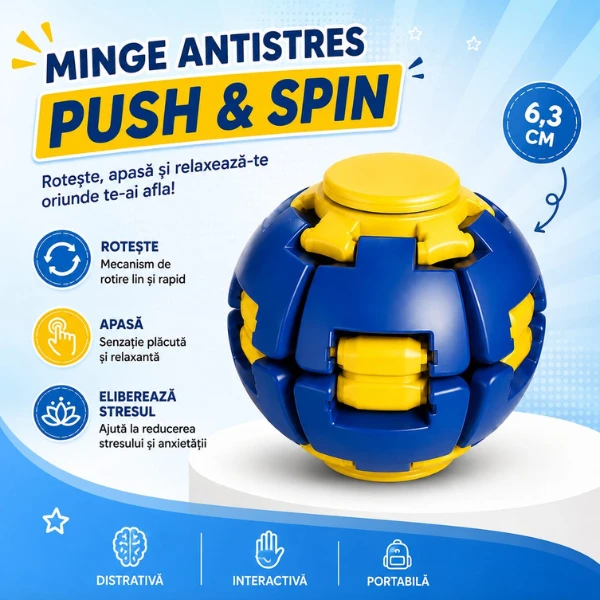 Jucărie antistres flippy push and spin, minge 3d rotativă, albastră, 6,3 cm 3