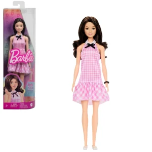 Кукла barbie "модница в розовое платье в клетку с милыми рюшами и бантиком на воротнике"