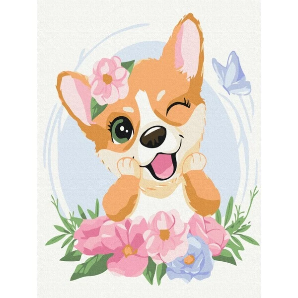 Pictură pe numere 30*40 сm (fără cutie) – corgi în flori 2