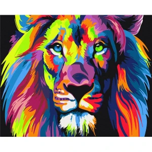 Pictură pe numere 40*50 сm (pânză neagră/fără cutie) – leu in culori de curcubeu Thumbnail 3