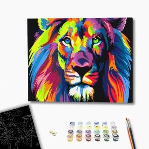 Pictură pe numere 40*50 сm (pânză neagră/fără cutie) – leu in culori de curcubeu Thumbnail 2