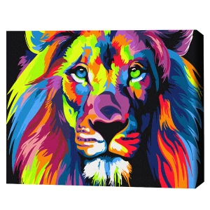 Pictură pe numere 40*50 сm (pânză neagră/fără cutie) – leu in culori de curcubeu