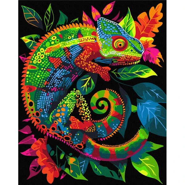 Pictură pe numere 40*50 сm (pânză neagră/fără cutie) – cameleon neon 3