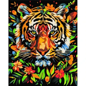 Pictură pe numere 40*50 сm (pânză neagră/fără cutie) – tigru în flori Thumbnail 3
