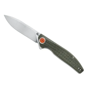 Складной edc‑нож blackfox artia bf‑765 od, клинок d2 со stone‑wash покрытием (~85 мм, hrc 59–61), рукоять od‑green micarta/g10, механизм flipper + liner‑lock, клипса tip‑up реверсивная, общая длина ~203 мм, вес ~100 г, дизайн grigorii matveev