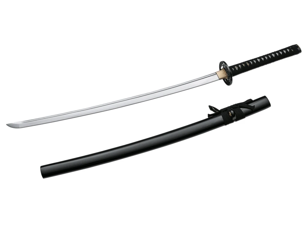 Клинок‑катана boker magnum akito bo‑05zs9126, рабочий меч (functional sword) из закалённой углеродистой стали 1045 с настоящим хамоном, общая длина ~102 см, длина клинка ~72,5 см, толщина ~7,5 мм, полированная деревянная рукоять и лакированные ножны (scab 2