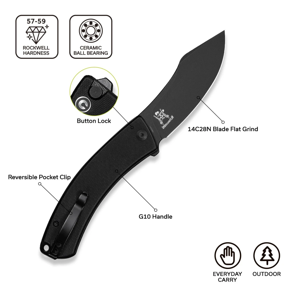 Cuțit pliabil, civivi, outlaw muk c24079-1, lamă 14c28n 3.47 inch, mâner g10 negru, blocare cu buton 15