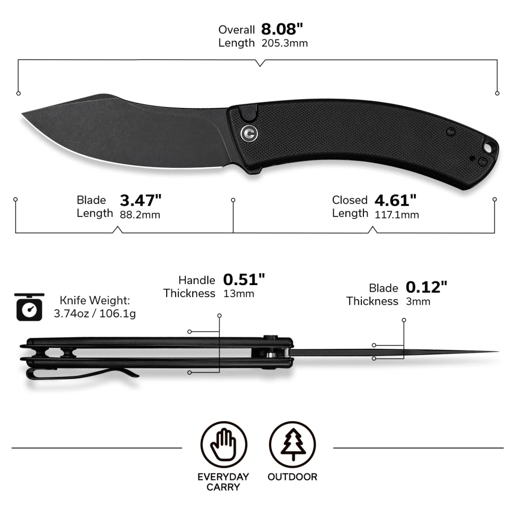 Cuțit pliabil, civivi, outlaw muk c24079-1, lamă 14c28n 3.47 inch, mâner g10 negru, blocare cu buton 16