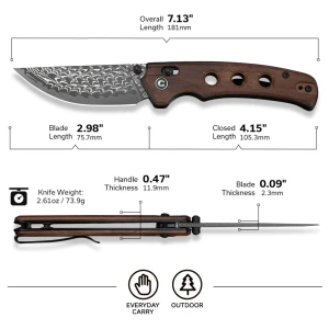 Cuțit pliabil, civivi, noctis c24020c-ds1, lamă damascus 2.98 inch, mâner lemn guibourtia, sistem crossbar lock Thumbnail 13
