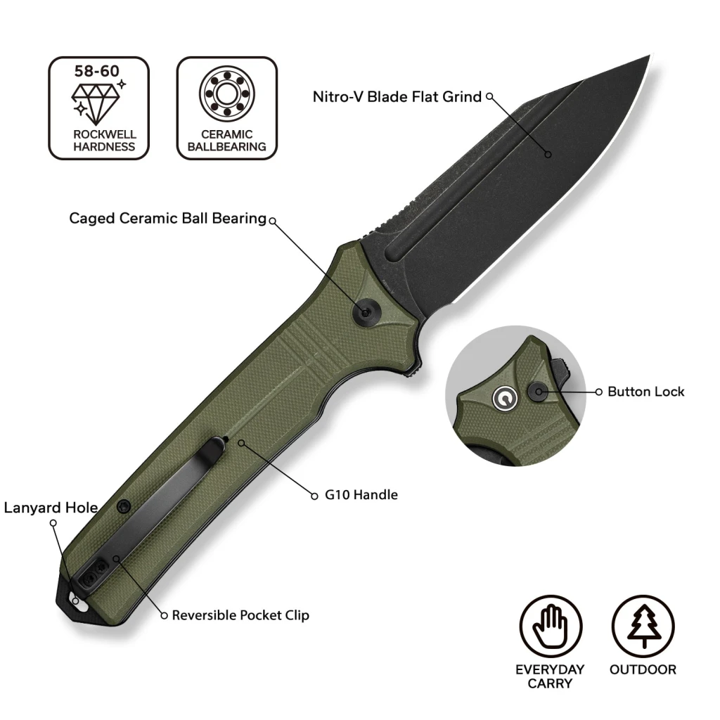 Cuțit pliabil, civivi, neurohaptic c23080-3, lamă nitro-v 3.74 inch, mâner g10, button lock 13