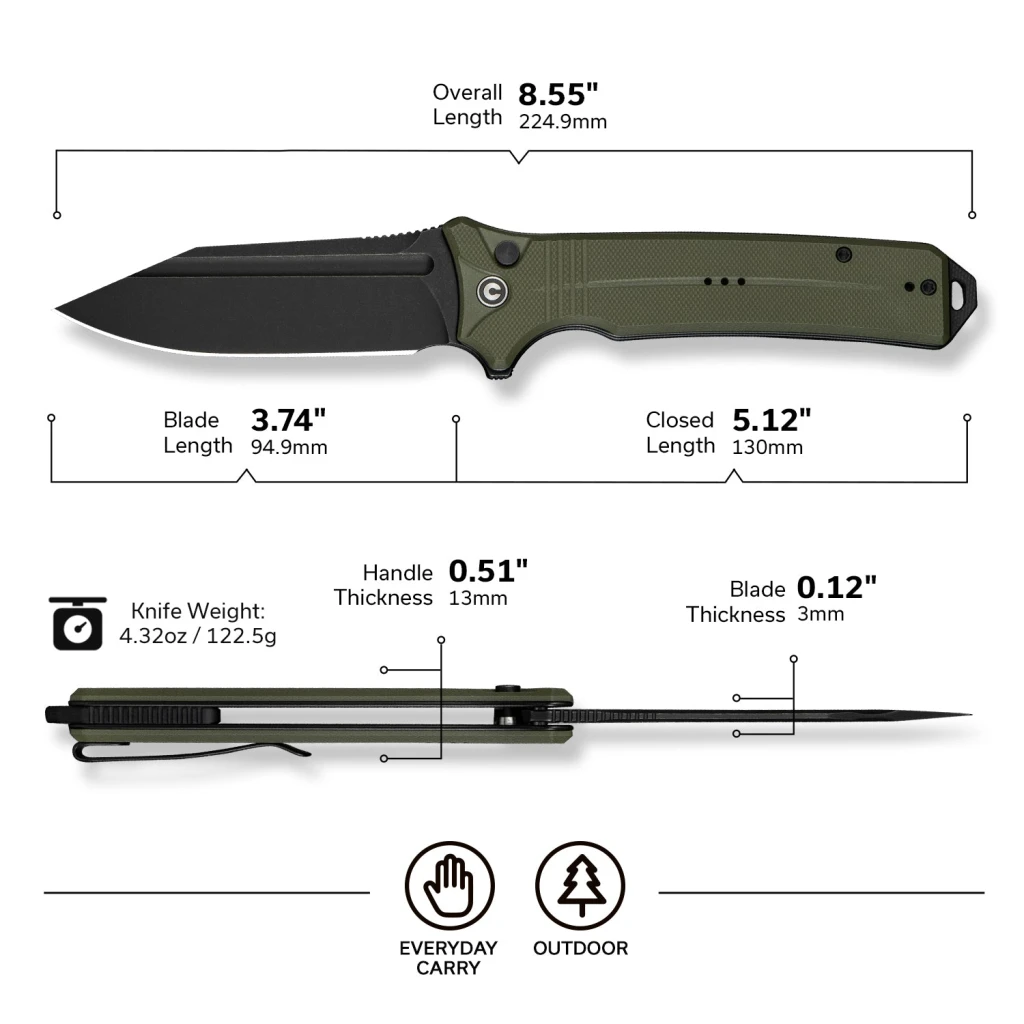 Cuțit pliabil, civivi, neurohaptic c23080-3, lamă nitro-v 3.74 inch, mâner g10, button lock 14