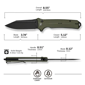 Cuțit pliabil, civivi, neurohaptic c23080-3, lamă nitro-v 3.74 inch, mâner g10, button lock Thumbnail 14