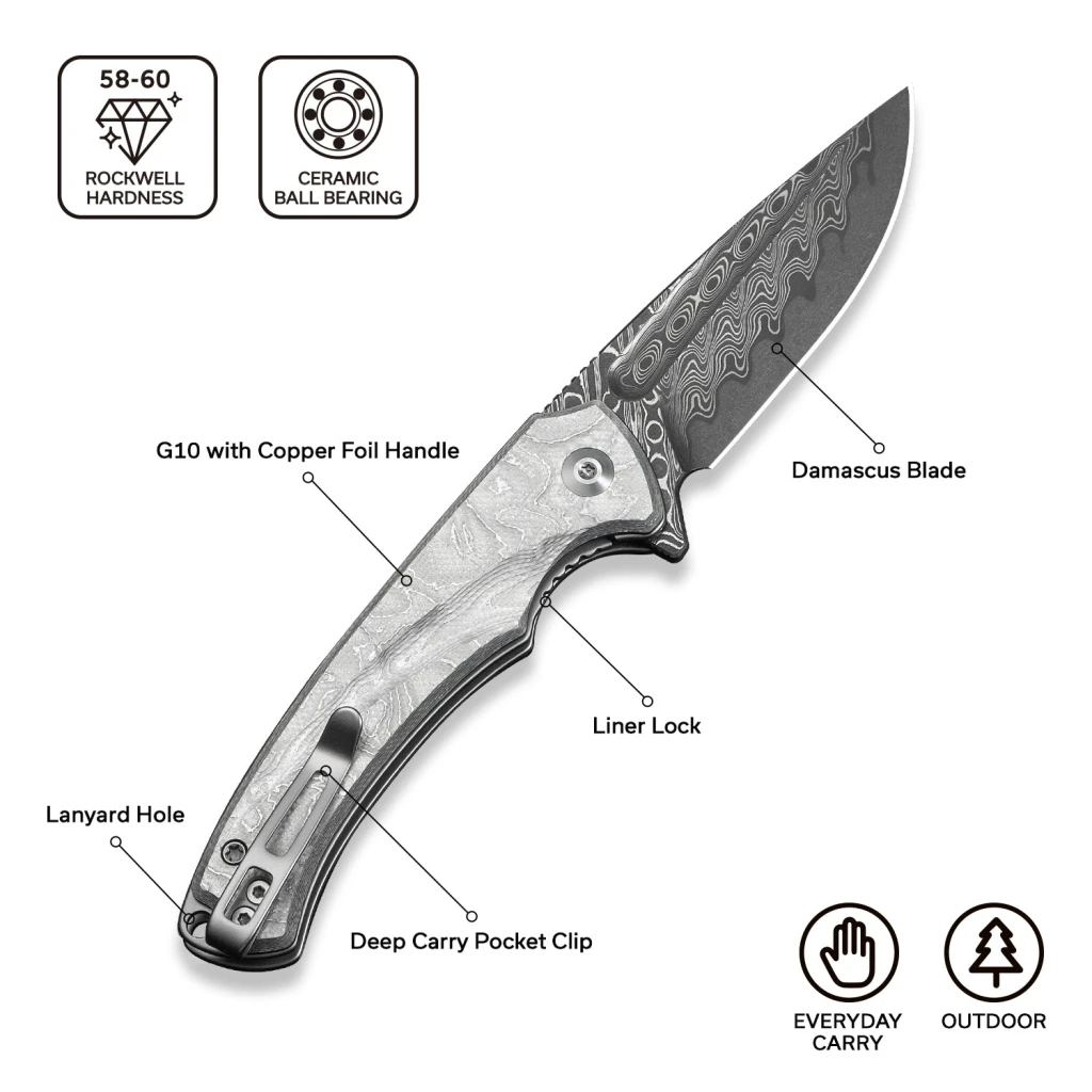 Cuțit pliabil, civivi, voidflare c24040-ds1, lamă damasc 2.92 inch, mâner g10 folie aluminiu, liner lock 11