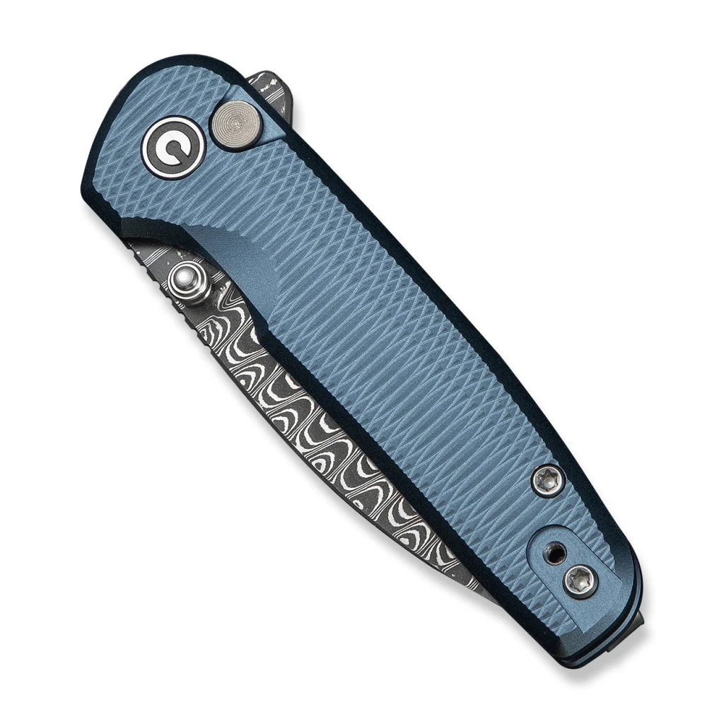 Cuțit pliabil, civivi, mini shakan c20052f-ds1, lamă damasc 2.48 inch, mâner aluminiu albastru, blocare tip buton 4