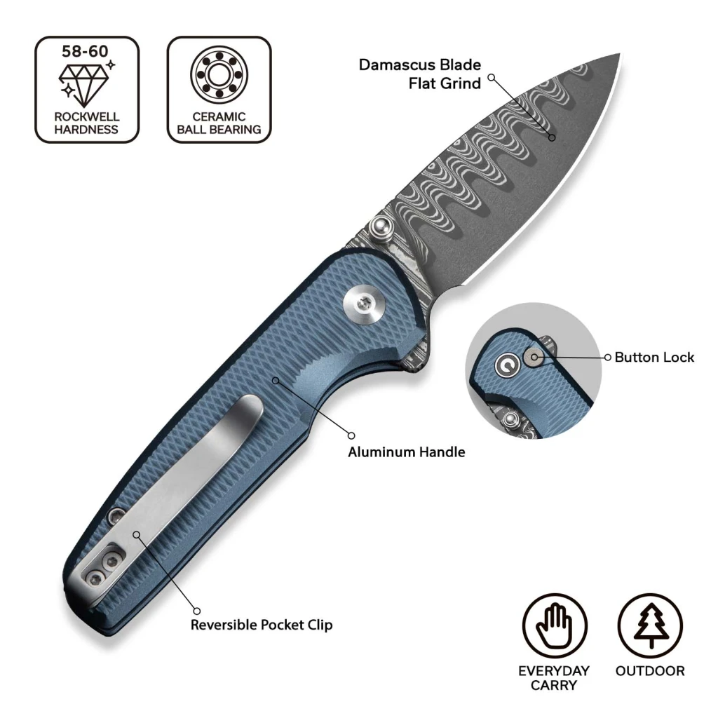 Cuțit pliabil, civivi, mini shakan c20052f-ds1, lamă damasc 2.48 inch, mâner aluminiu albastru, blocare tip buton 13
