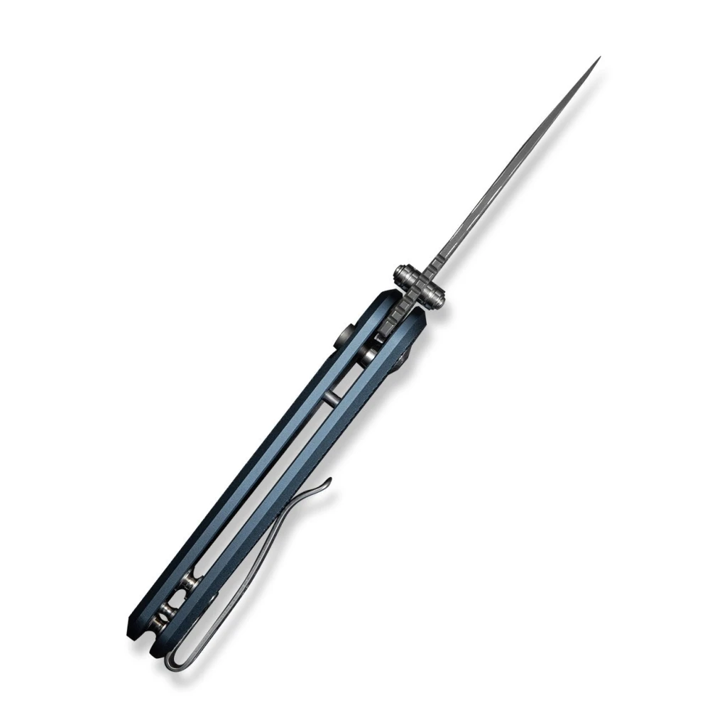 Cuțit pliabil, civivi, mini shakan c20052f-ds1, lamă damasc 2.48 inch, mâner aluminiu albastru, blocare tip buton 7