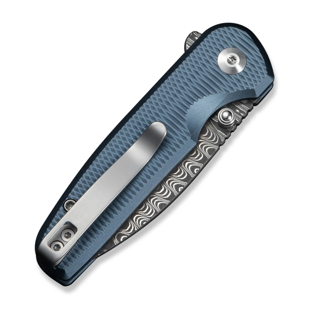 Cuțit pliabil, civivi, mini shakan c20052f-ds1, lamă damasc 2.48 inch, mâner aluminiu albastru, blocare tip buton 5