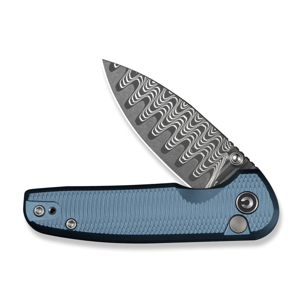 Cuțit pliabil, civivi, mini shakan c20052f-ds1, lamă damasc 2.48 inch, mâner aluminiu albastru, blocare tip buton 3