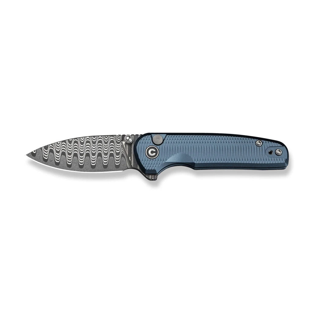 Cuțit pliabil, civivi, mini shakan c20052f-ds1, lamă damasc 2.48 inch, mâner aluminiu albastru, blocare tip buton 2