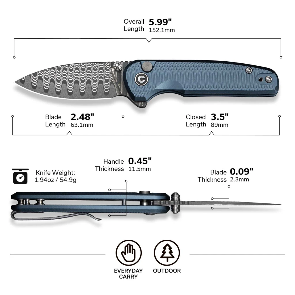 Cuțit pliabil, civivi, mini shakan c20052f-ds1, lamă damasc 2.48 inch, mâner aluminiu albastru, blocare tip buton 14