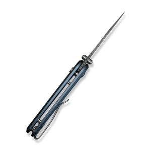 Cuțit pliabil, civivi, mini shakan c20052f-ds1, lamă damasc 2.48 inch, mâner aluminiu albastru, blocare tip buton Thumbnail 7