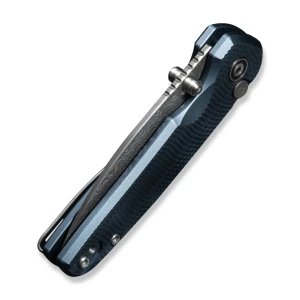 Cuțit pliabil, civivi, mini shakan c20052f-ds1, lamă damasc 2.48 inch, mâner aluminiu albastru, blocare tip buton Thumbnail 6