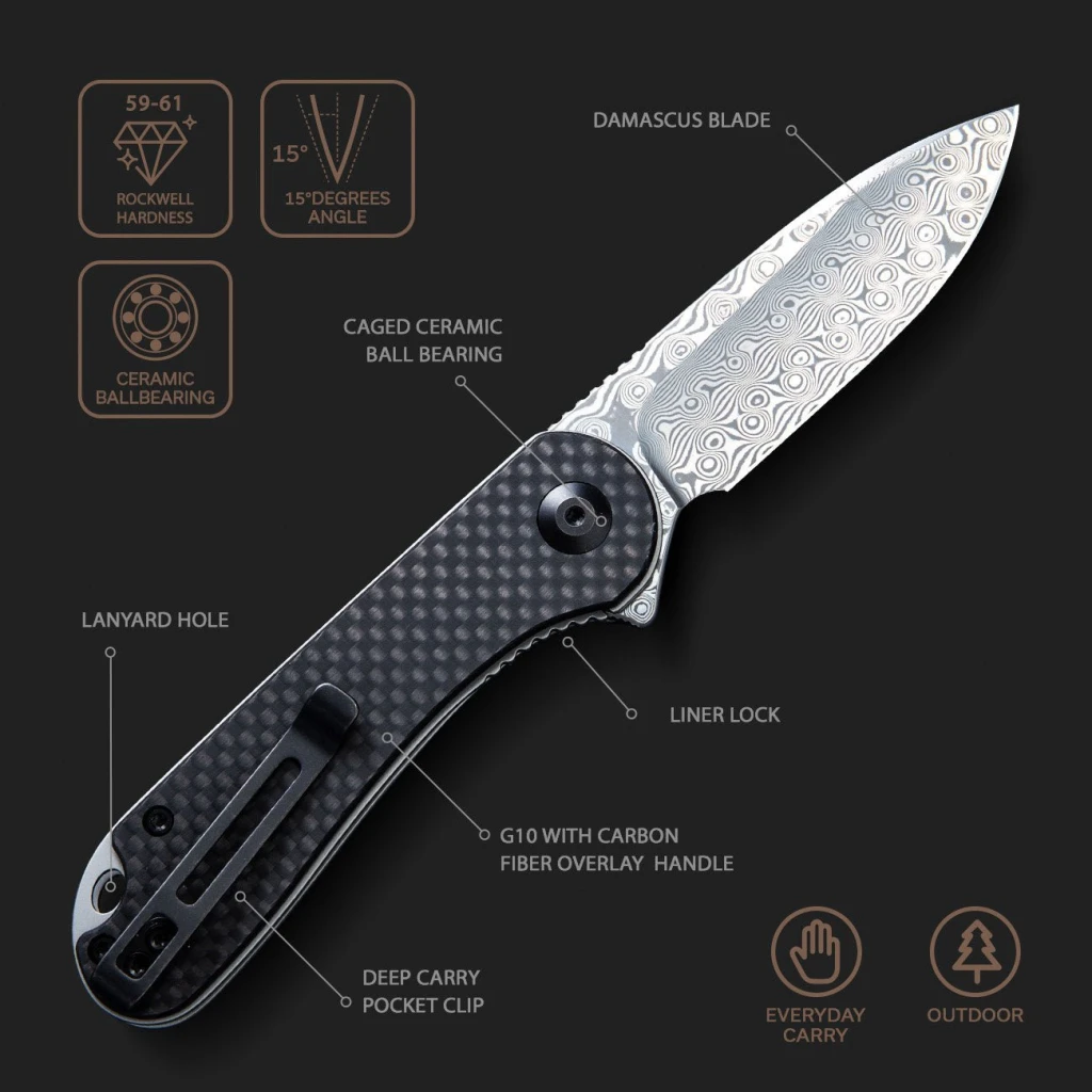 Cuțit pliabil, civivi, elementum c907ds, lamă damasc, mâner g10 cu fibră de carbon, liner lock 2