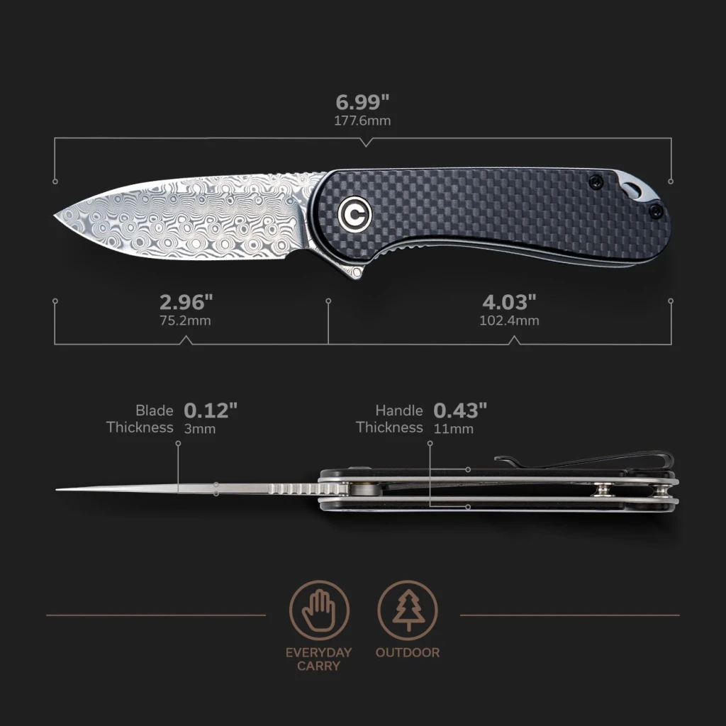 Cuțit pliabil, civivi, elementum c907ds, lamă damasc, mâner g10 cu fibră de carbon, liner lock 3