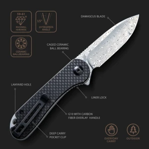 Cuțit pliabil, civivi, elementum c907ds, lamă damasc, mâner g10 cu fibră de carbon, liner lock Thumbnail 2