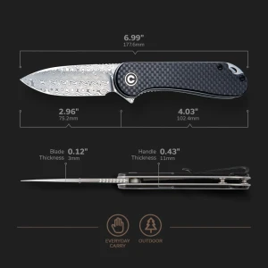 Cuțit pliabil, civivi, elementum c907ds, lamă damasc, mâner g10 cu fibră de carbon, liner lock Thumbnail 3