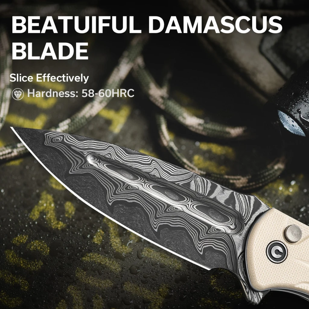 Cuțit pliabil, civivi, incindie c23053-ds1, lamă damascus 3.48 inch, mâner g10, blocare tip button lock 8