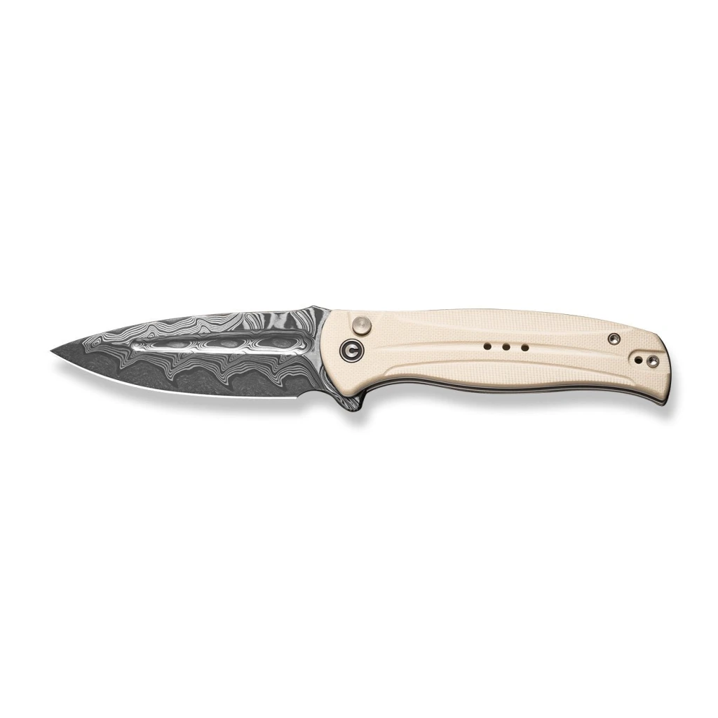 Cuțit pliabil, civivi, incindie c23053-ds1, lamă damascus 3.48 inch, mâner g10, blocare tip button lock 15