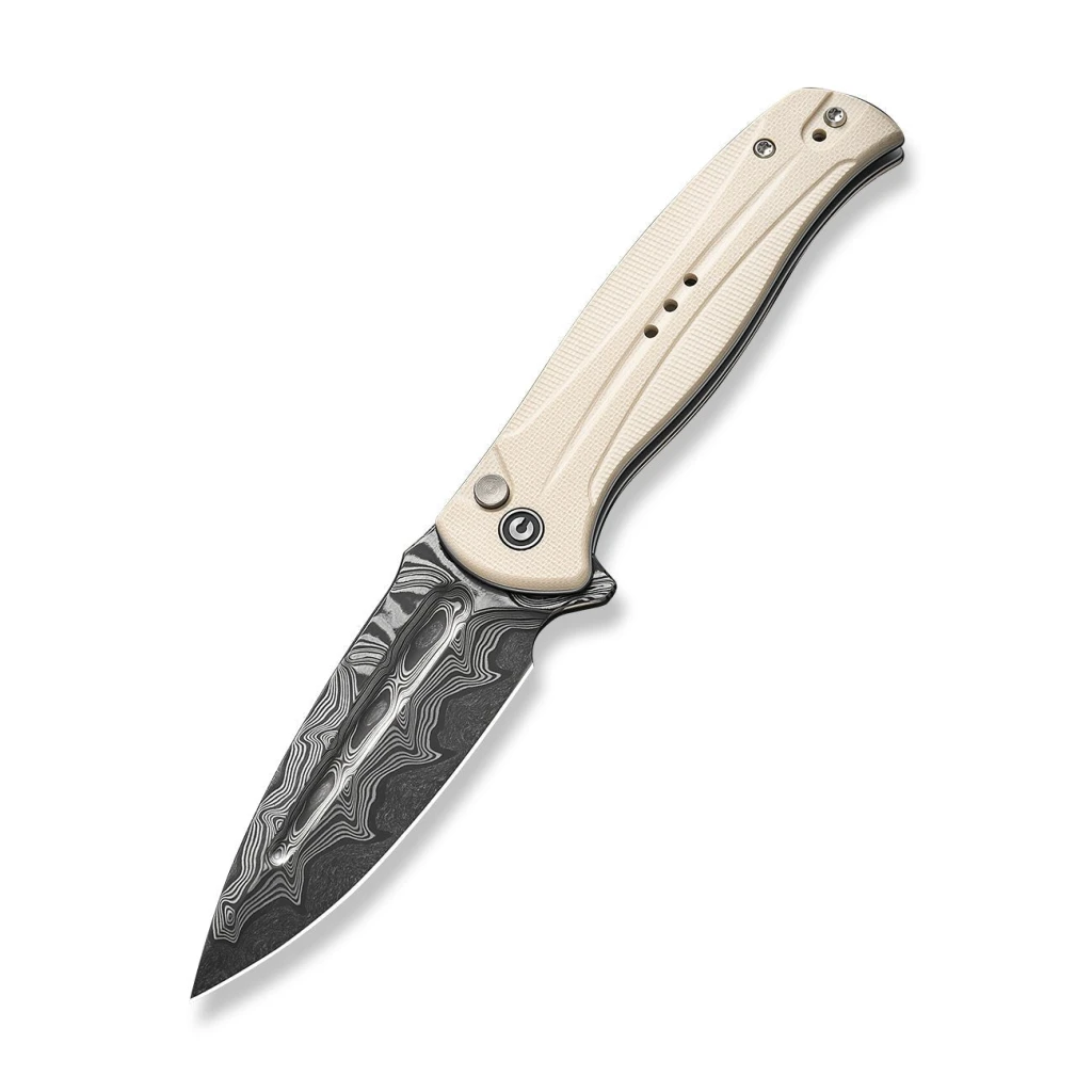 Cuțit pliabil, civivi, incindie c23053-ds1, lamă damascus 3.48 inch, mâner g10, blocare tip button lock 14