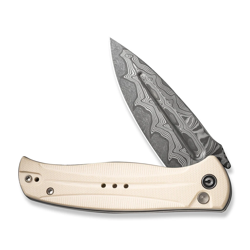 Cuțit pliabil, civivi, incindie c23053-ds1, lamă damascus 3.48 inch, mâner g10, blocare tip button lock 2