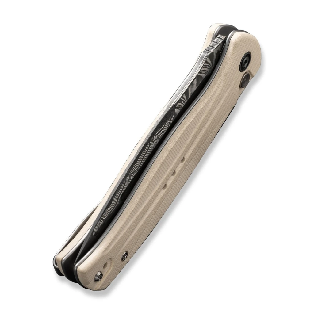 Cuțit pliabil, civivi, incindie c23053-ds1, lamă damascus 3.48 inch, mâner g10, blocare tip button lock 5