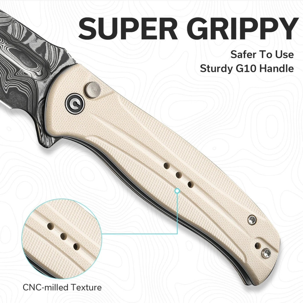 Cuțit pliabil, civivi, incindie c23053-ds1, lamă damascus 3.48 inch, mâner g10, blocare tip button lock 9