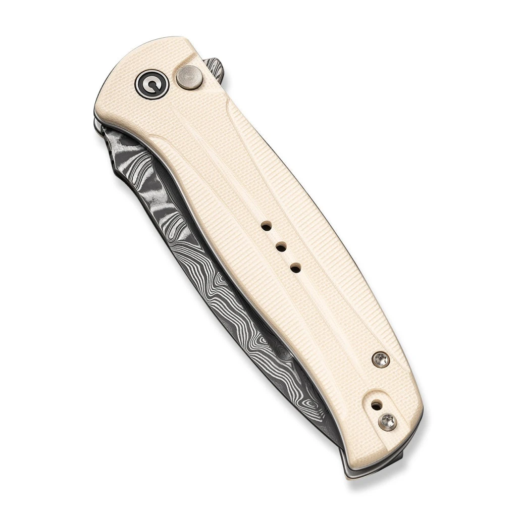 Cuțit pliabil, civivi, incindie c23053-ds1, lamă damascus 3.48 inch, mâner g10, blocare tip button lock 3